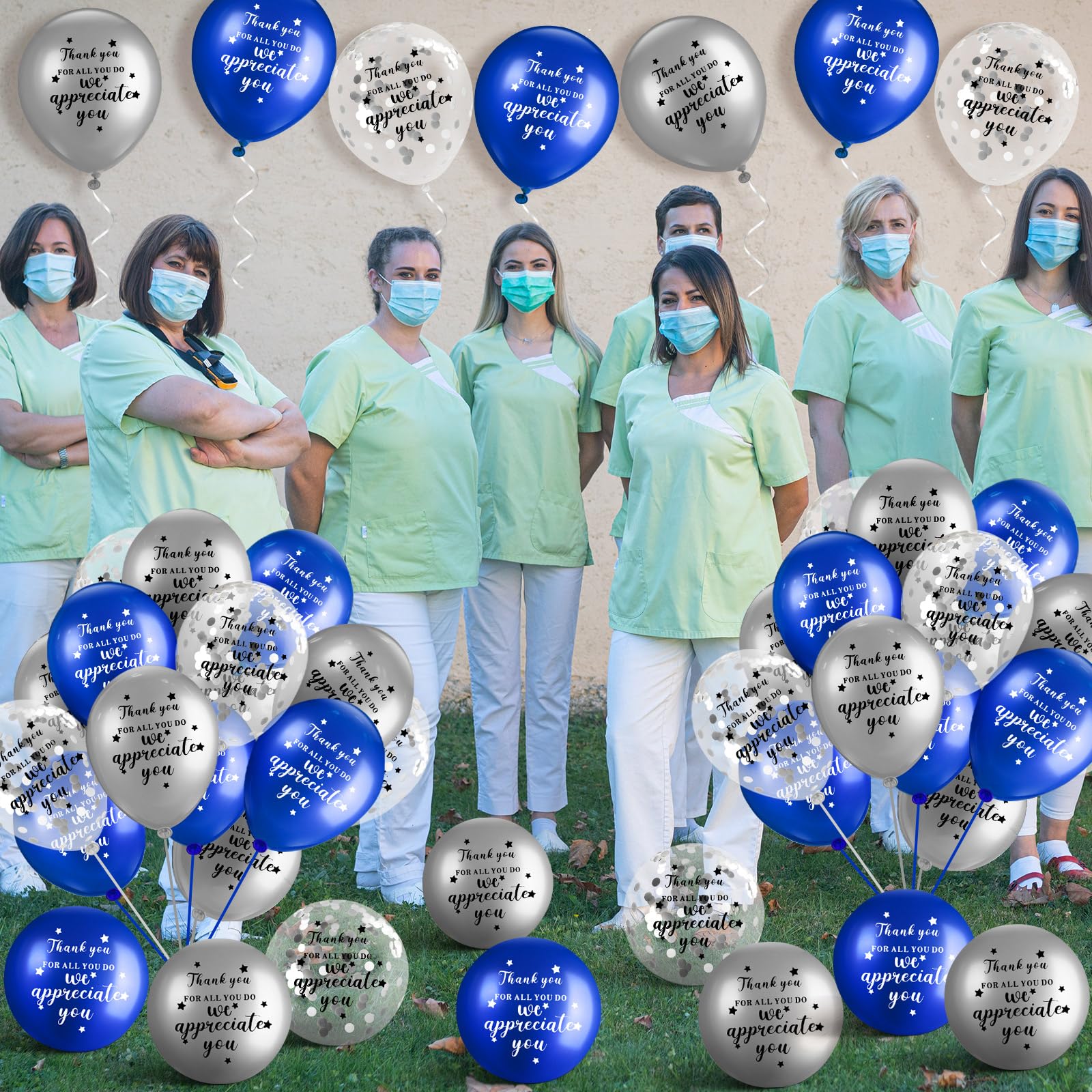 Seenelling 80 Pcs Thank You for All You Do, We Appreciate You Balloons Thank You Balloons for Customer Service Week Pastor Employee Appreciation Xmas Party(Blue, Silvery, Transparent Silver)