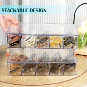 FORUP Eyeglass Case Storage Organizer, Plastic Stackable Sunglasses Organizer, Sunglass Glasses Storage Box with Hinged Lid, 5 Sections, 2 Pack, Clear