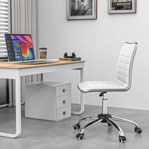 Our Modern Space 2 PACK Adjustable Ribbed Swivel Office Chair - Faux Leather, Low Back, Armless with Rolling Caster Wheels for Home, Office Vanity Dorm Workspace - WHITE