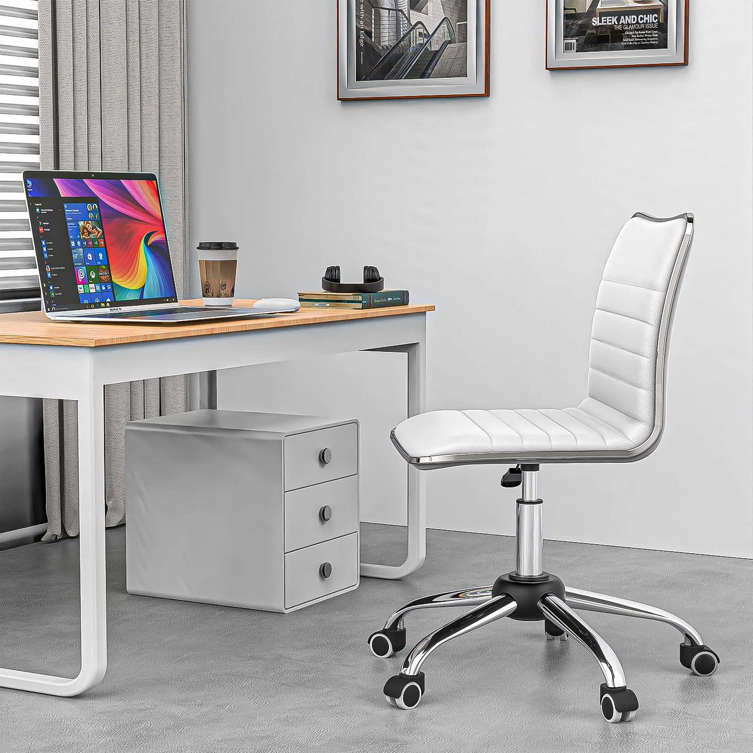 Our Modern Space 2 PACK Adjustable Ribbed Swivel Office Chair - Faux Leather, Low Back, Armless with Rolling Caster Wheels for Home, Office Vanity Dorm Workspace - WHITE