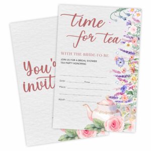 ykyenr floral & teapots bridal shower invitations - time for tea - 4 x 6 inches invites (25 cards & envelopes) for wedding showers, newlyweds parties and receptions - a06