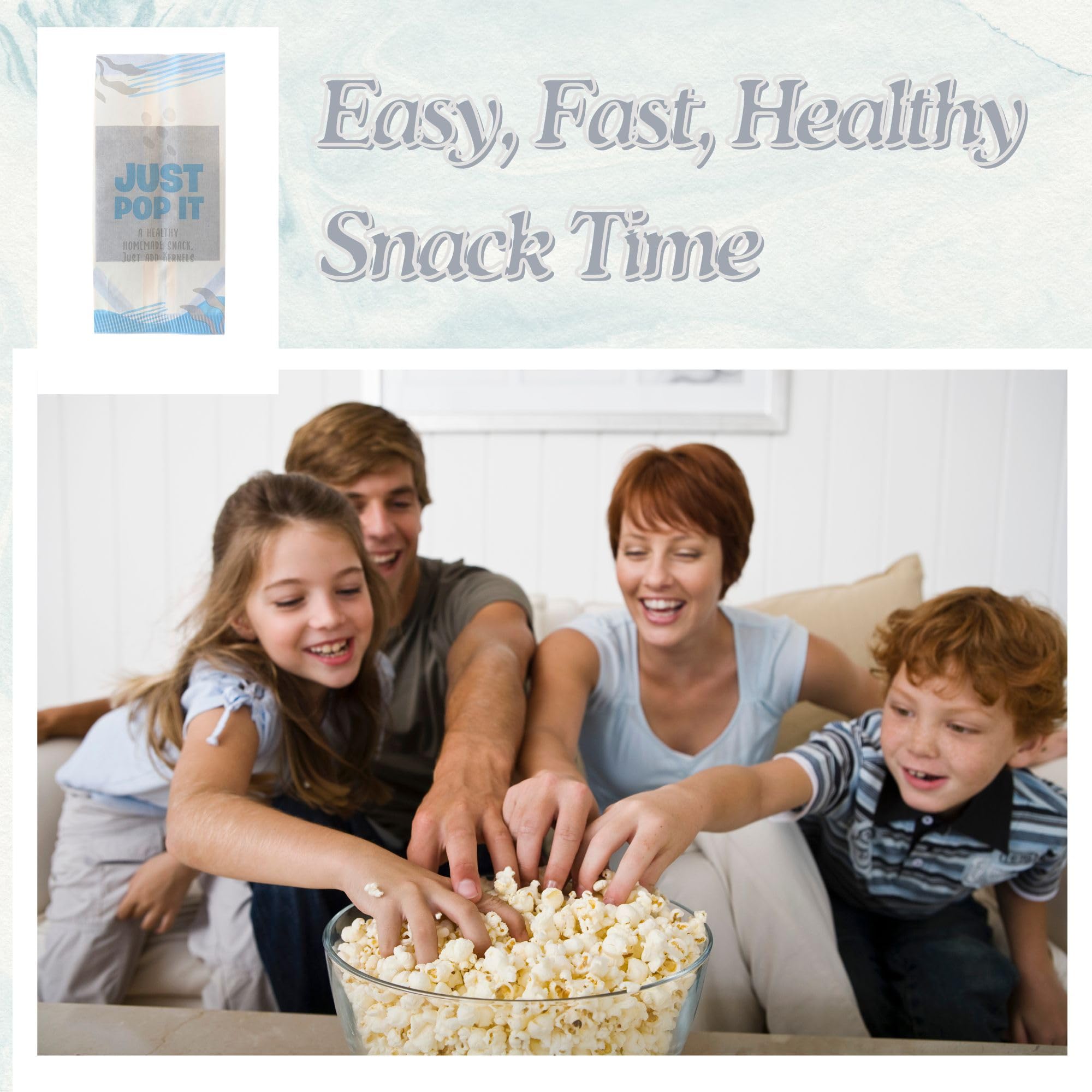 Just Pop It, Disposable Microwave Popcorn Bags. Easy, healthy snack makers. Simply add Kernels. Easy, Healthy Snacks, in 2 minutes. (30 pack)