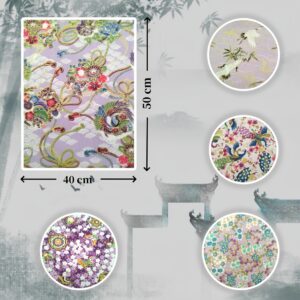 Fat Quarters Fabric Bundles, Japanese Purple Fabric 5 PCS 5 Designs,Kimono Peacock Cherry Blossom Red Crowned Crane Printed Sewing Fabric Squares 19.6 x 15.8 Inch for Quilting Wrapping Cloth DIY