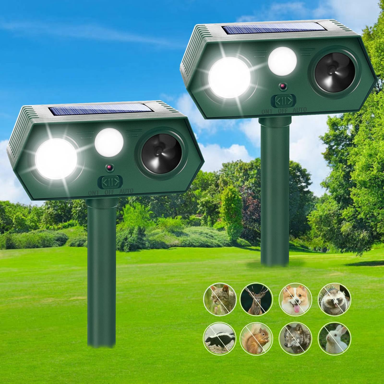 2 Pack Solar Animal Repellent Ultrasonic Animal Deterrent Outdoor with Motion Sensor & Flash Light for Deer Squirrel Cat Skunk Rabbit Dog Raccoon, Waterproof Cat Repellent Dog Repellent for Yard Lawn