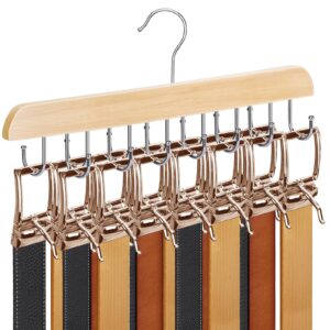 necamocu belt hanger, natural wooden belt organizer for closet, 360° rotating tie & belt rack for storage with 14 hooks, sturdy belt holder space saver for belt, tie, bra, scarf, tank top accessories