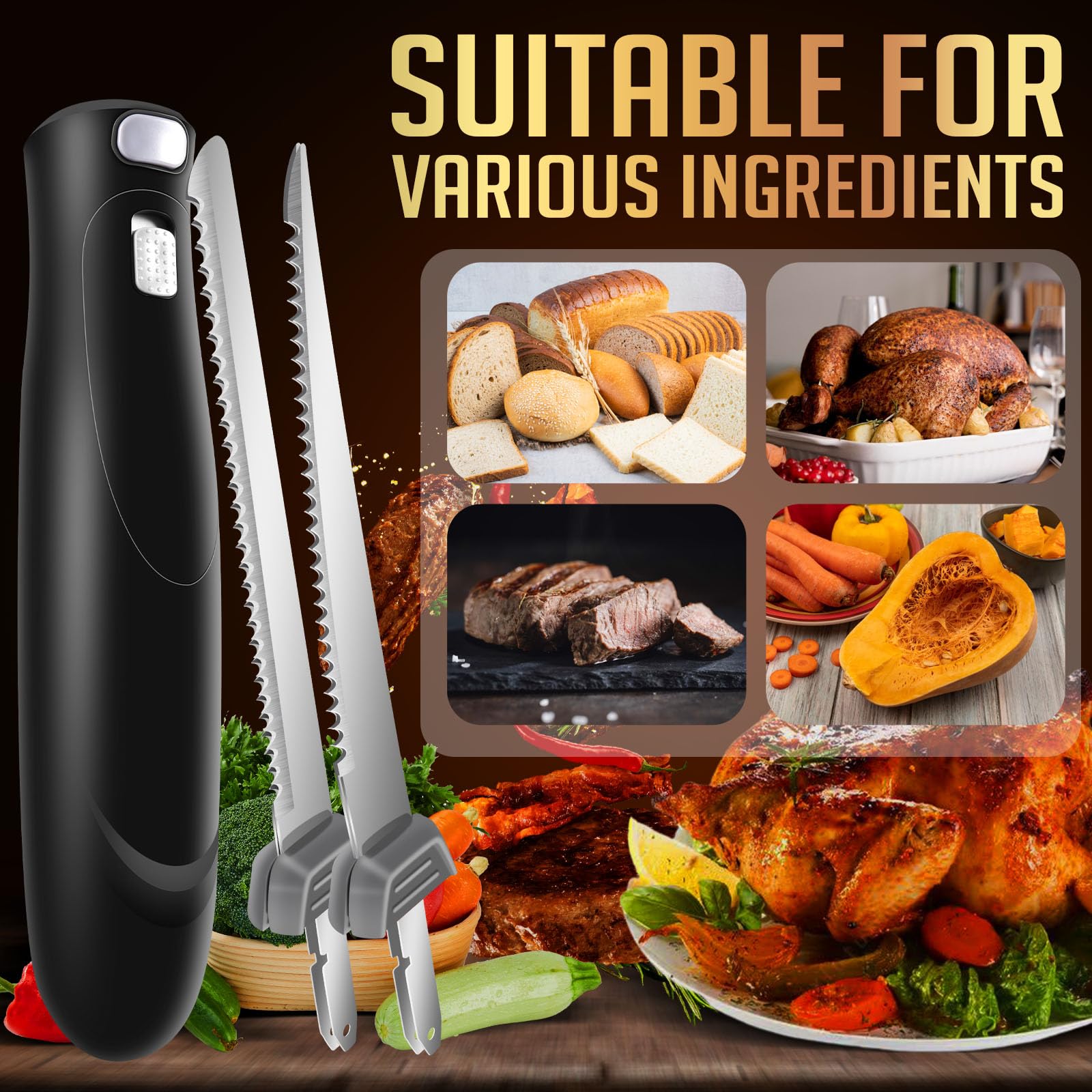 Thanksgiving Day Cordless Electric Knife Easy Slice and Assemble with Storage Case, Serrated Edge Blades Carving Set with Ergonomic Handle and Safety Lock for Turkey, Meat, Bread, Ribs, Fillet and Foam