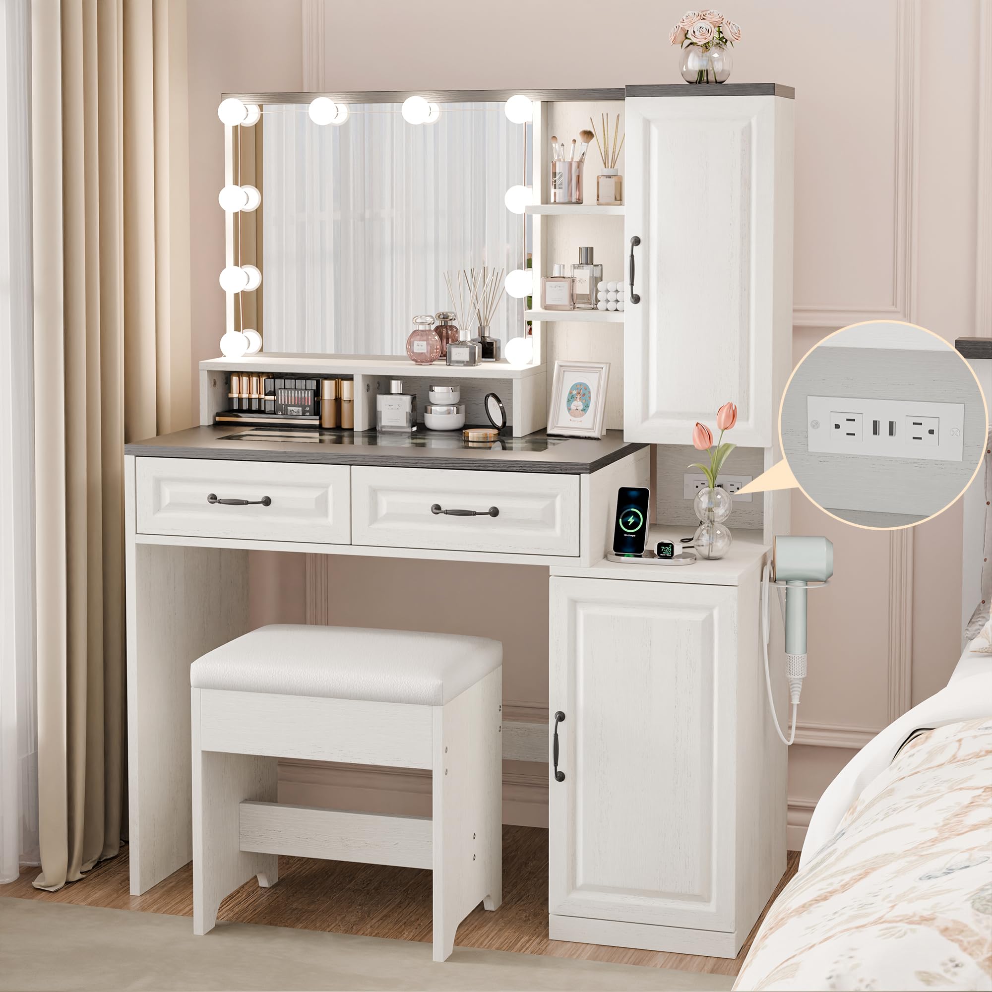 MU Makeup Vanity Desk with Mirror and Lights, White Vanity Table Set with Charging Station, Glass Top Vanity with 2 Drawers, 2 Cabinets and Multi-Shelf, 3 Lighting Modes Large Mirror