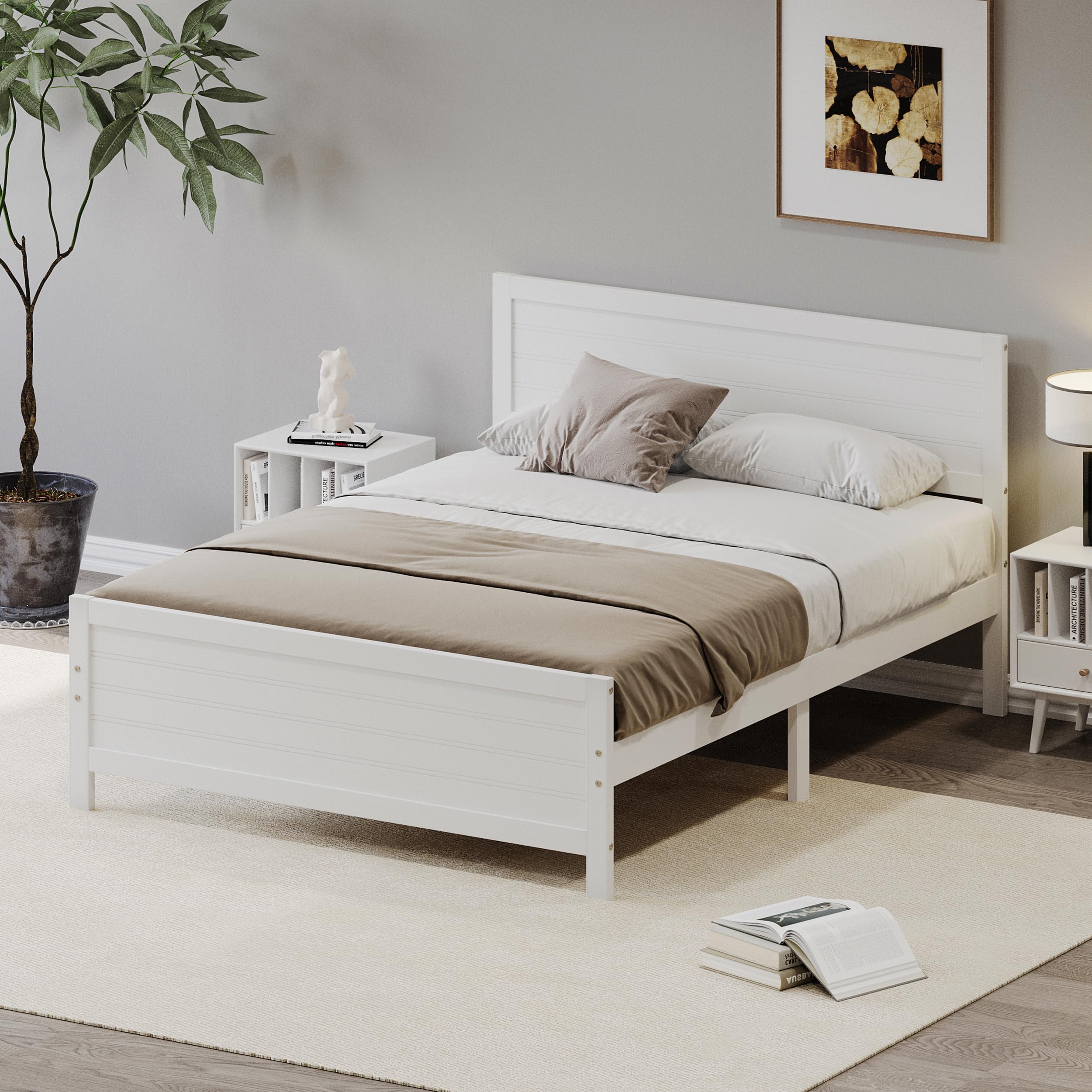 JULYFOX Wood Bed Frame King Size, White Color Solid Pine Wood Platform Bed with Headboard Footboard 600 lbs Heavy Duty No Box Spring Needed(White-2, King)