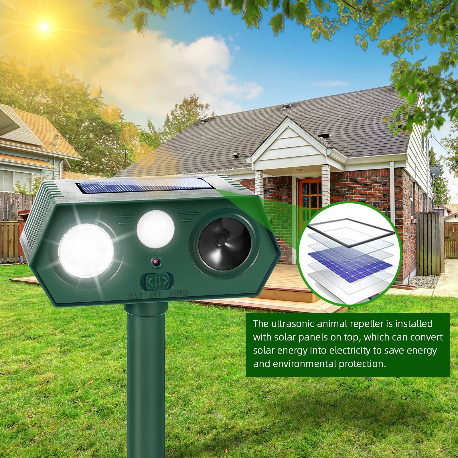 2 Pack Solar Animal Repellent Ultrasonic Animal Deterrent Outdoor with Motion Sensor & Flash Light for Deer Squirrel Cat Skunk Rabbit Dog Raccoon, Waterproof Cat Repellent Dog Repellent for Yard Lawn