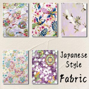 Fat Quarters Fabric Bundles, Japanese Purple Fabric 5 PCS 5 Designs,Kimono Peacock Cherry Blossom Red Crowned Crane Printed Sewing Fabric Squares 19.6 x 15.8 Inch for Quilting Wrapping Cloth DIY