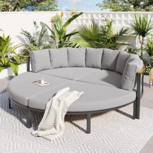 Merax Round Outdoor Daybed with Removable Cushions, All Weather Metal Conversation Sectional Sofa & Separate Seatings, 4 Piece Patio Furniture Set for Lawn Garden Backyard Porch Pool, Grey