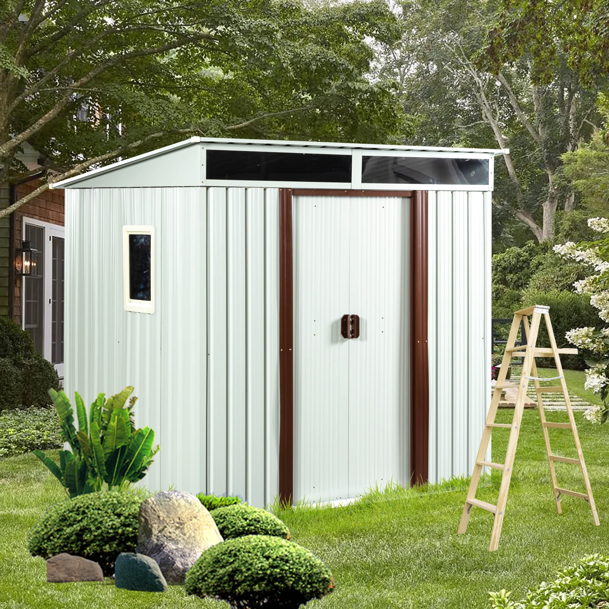 6' x 5' Outdoor Storage Shed, Large Metal Tool Sheds with Floor Base, Garden Storage Cabinet with Air Vents & Window, Garden Shed Utility Tool Shed with Pent Roof for Backyard Lawn