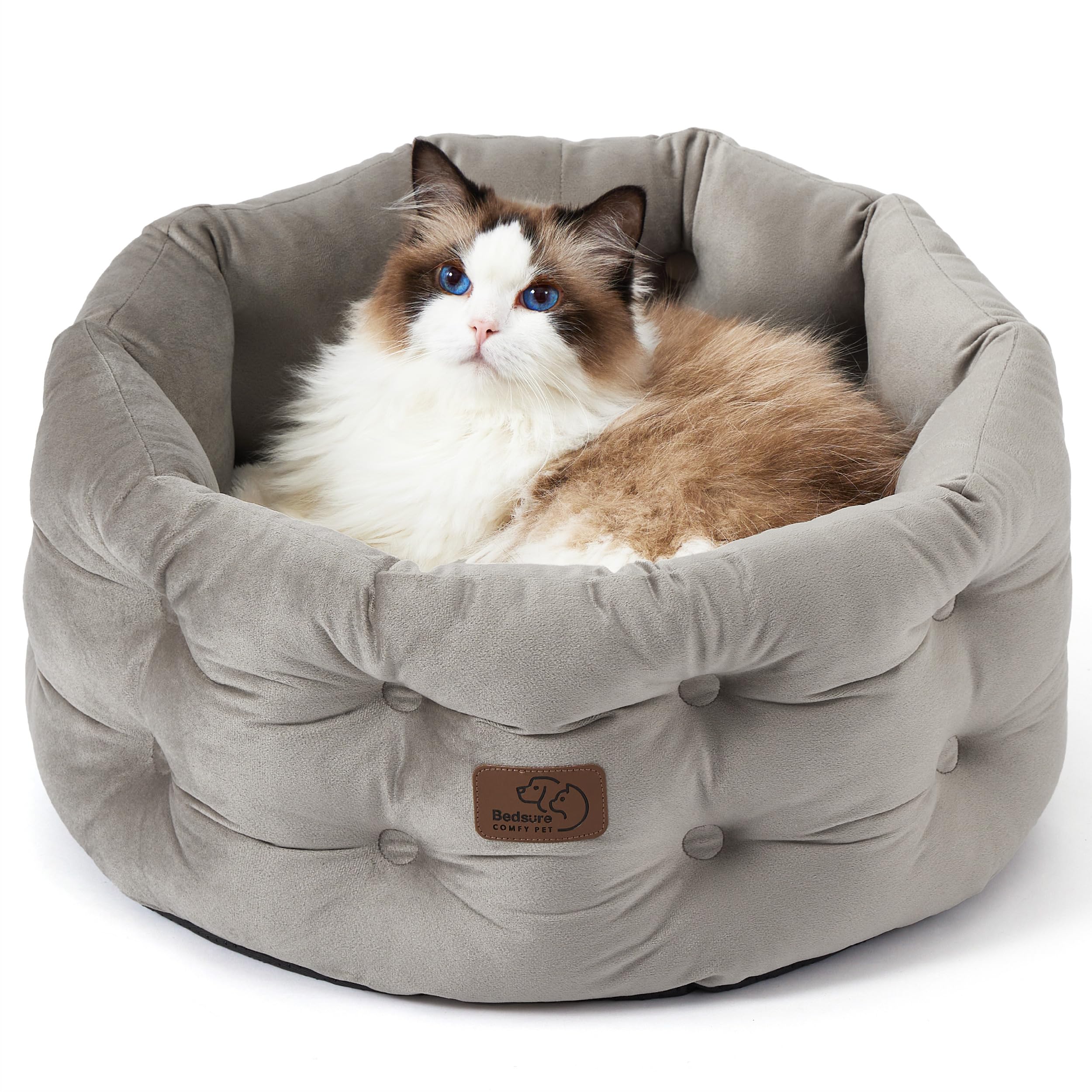 Bedsure Round Cat Beds for Indoor Cats, Washable Small Dog Bed for Puppy and Kitten with Classic Chesterfield Style, 20x20x9inches, Ash Grey