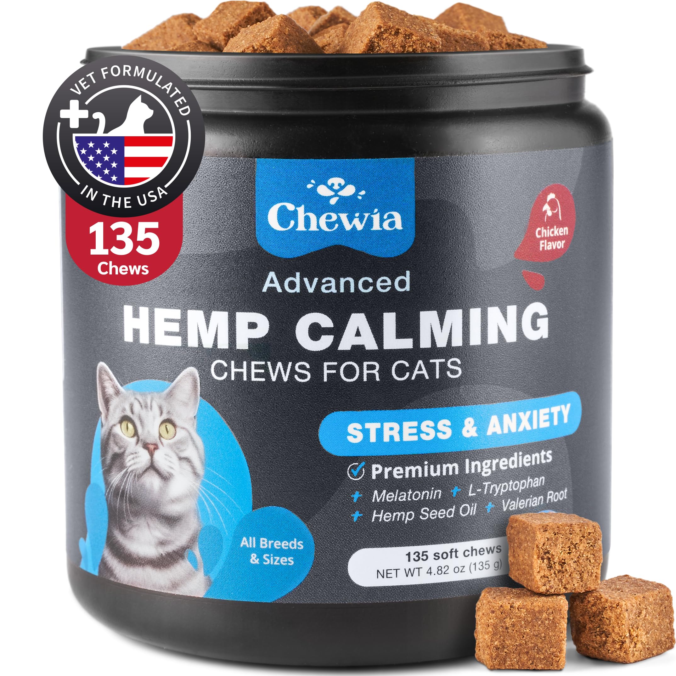 CHEWIA Cat Calming Treats - Hemp Calming Care for Cats - Cat Anxiety Relief - Cat Melatonin Soft Chews with Hemp Seed Oil, L-Tryptophan - Calming Chews for Cats - Storms, Travel, Grooming, Separation