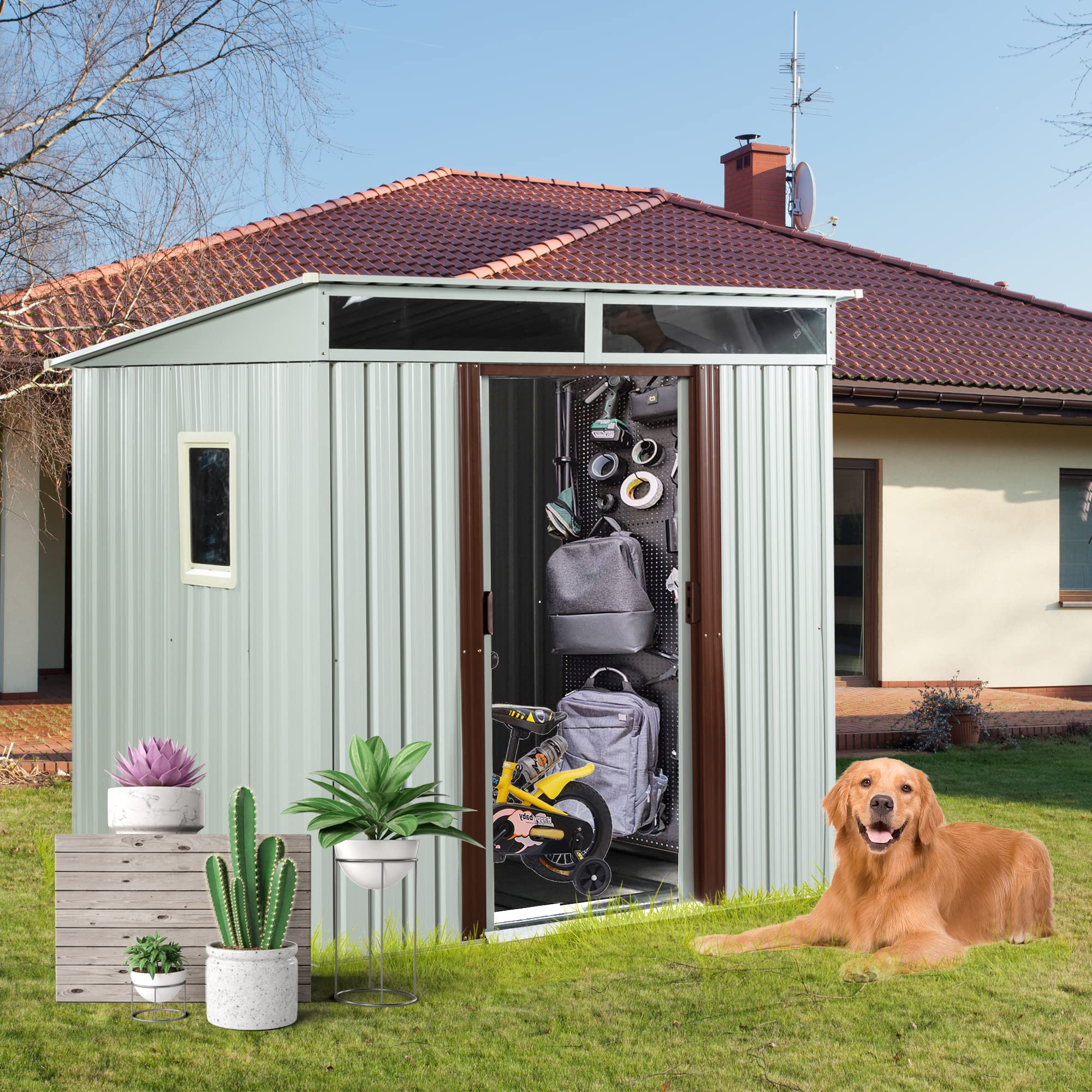 6' x 5' Outdoor Storage Shed, Large Metal Tool Sheds with Floor Base, Garden Storage Cabinet with Air Vents & Window, Garden Shed Utility Tool Shed with Pent Roof for Backyard Lawn