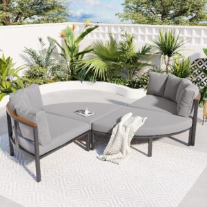 merax round outdoor daybed with removable cushions, all weather metal conversation sectional sofa & separate seatings, 4 piece patio furniture set for lawn garden backyard porch pool, grey