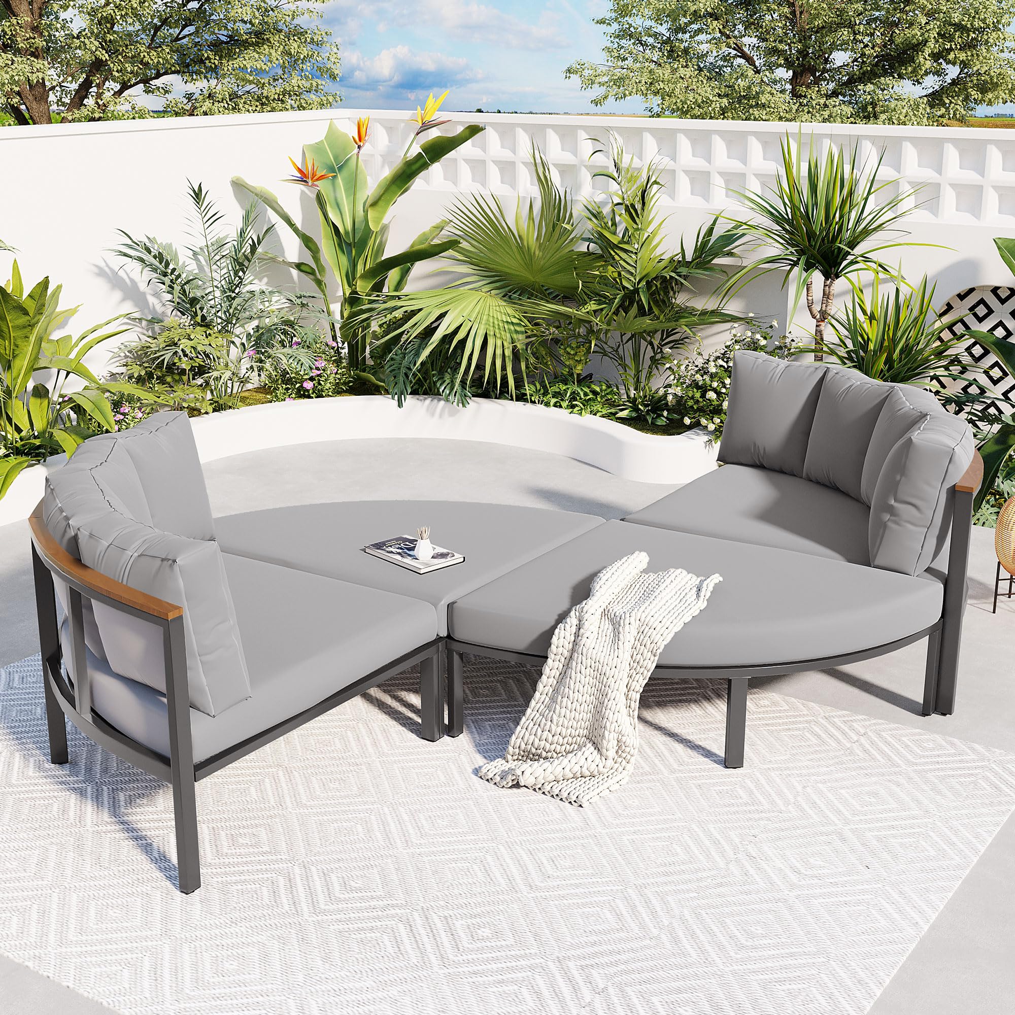 Merax Round Outdoor Daybed with Removable Cushions, All Weather Metal Conversation Sectional Sofa & Separate Seatings, 4 Piece Patio Furniture Set for Lawn Garden Backyard Porch Pool, Grey