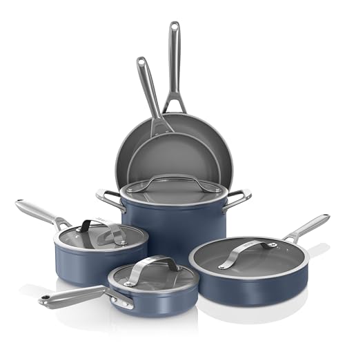 Ninja NeverStick Ceramic Pro 10-Piece Cookware Set, Non-Stick Pots & Pans Set with Glass Lids, Ceramic Coated, Stainless Steel Handles, Oven Safe, All Stovetops & Induction Compatible, Blue, CW39010MM