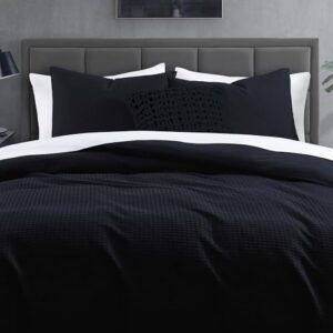 DKNY Bedding Modern Waffle 3-Piece Cotton Duvet Cover Set, King, Faded Black