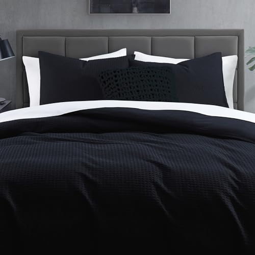 DKNY Bedding Modern Waffle 3-Piece Cotton Duvet Cover Set, King, Faded Black