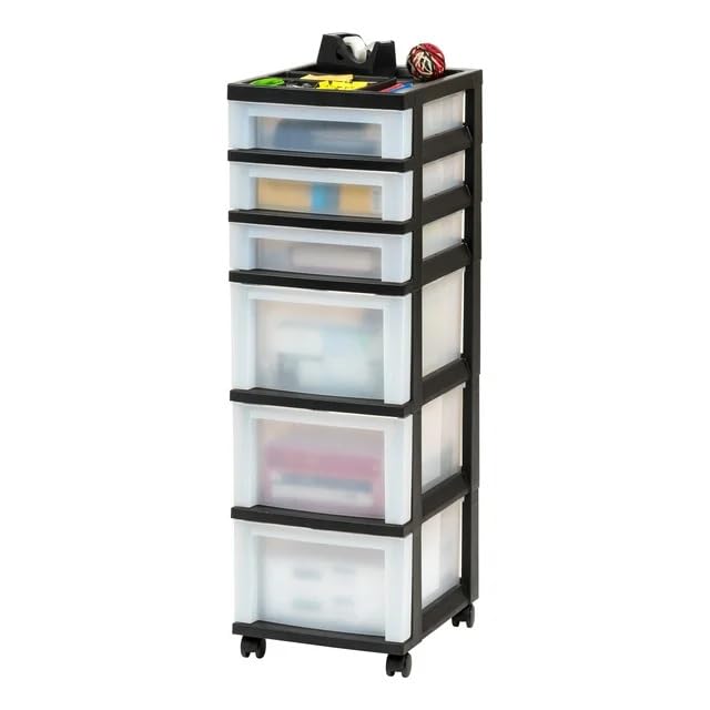 Storage Drawer Tower 6-Drawer Plastic Storage Cart with Organizer Top and Wheels, Clear/Black