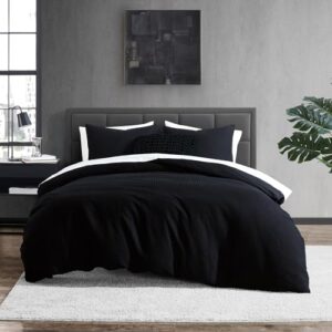 DKNY Bedding Modern Waffle 3-Piece Cotton Duvet Cover Set, King, Faded Black