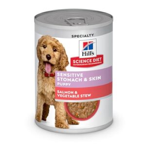 hill's science diet sensitive stomach & skin, puppy, stomach & skin sensitivity support, wet dog food, salmon & vegetable stew, 12.5 oz can, case of 12