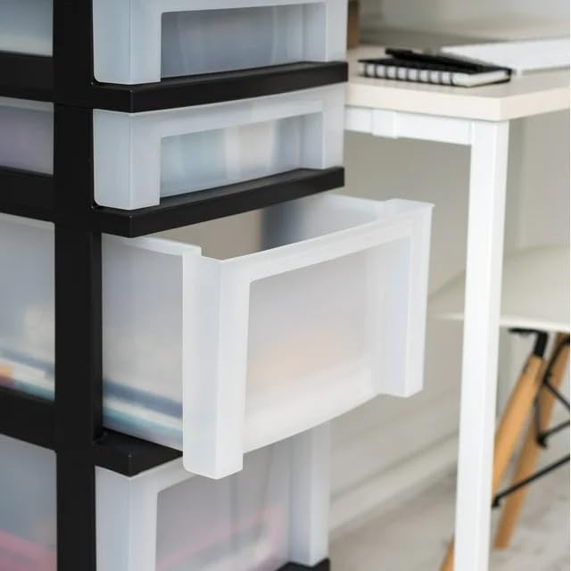 Storage Drawer Tower 6-Drawer Plastic Storage Cart with Organizer Top and Wheels, Clear/Black