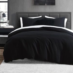 DKNY Bedding Modern Waffle 3-Piece Cotton Duvet Cover Set, King, Faded Black