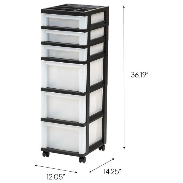 Storage Drawer Tower 6-Drawer Plastic Storage Cart with Organizer Top and Wheels, Clear/Black