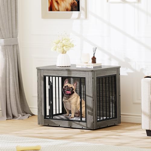 YITAHOME Dog Crate Furniture for Medium Dogs, Side End Table, Modern Dogs Kennel Indoor up to 35 lb, 2-in-1 Iron-Wood Fusion Dog Cage with Waterproof Top, Safety Corners,Steel Lock,30" L,Greige