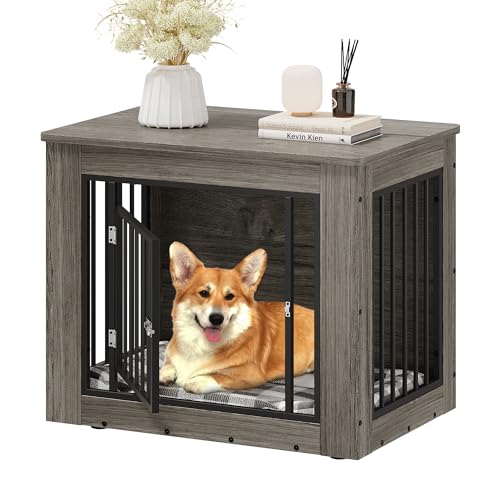 YITAHOME Dog Crate Furniture for Medium Dogs, Side End Table, Modern Dogs Kennel Indoor up to 35 lb, 2-in-1 Iron-Wood Fusion Dog Cage with Waterproof Top, Safety Corners,Steel Lock,30" L,Greige