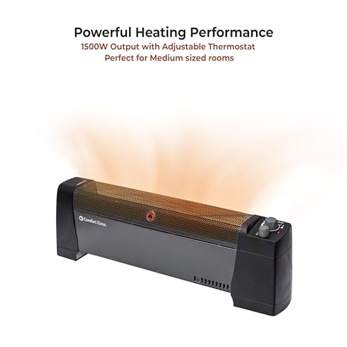 Comfort Zone Electric Baseboard Space Heater with Adjustable Thermostat, Dent-Proof Panels, Overheat Protection, Tip-Over Switch, & Stay-Cool Body, Ideal for Home, Bedroom, & Office, 1,500W, CZ600BK