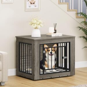 YITAHOME Dog Crate Furniture for Medium Dogs, Side End Table, Modern Dogs Kennel Indoor up to 35 lb, 2-in-1 Iron-Wood Fusion Dog Cage with Waterproof Top, Safety Corners,Steel Lock,30" L,Greige