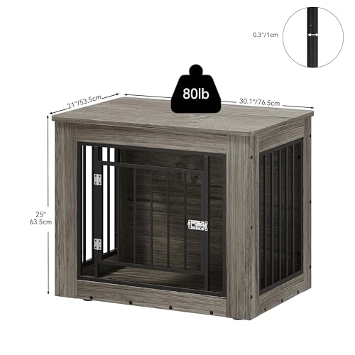 YITAHOME Dog Crate Furniture for Medium Dogs, Side End Table, Modern Dogs Kennel Indoor up to 35 lb, 2-in-1 Iron-Wood Fusion Dog Cage with Waterproof Top, Safety Corners,Steel Lock,30" L,Greige