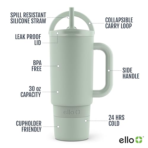 Ello Port 30oz Tumbler with Carry Loop & Integrated Handle | Vacuum Insulated Stainless Steel Reusable Water Bottle Travel Mug | Leak Proof Lid | Flexible Straw | BPA-Free | Dishwasher Safe | Sage