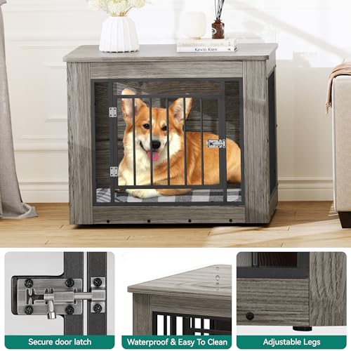 YITAHOME Dog Crate Furniture for Medium Dogs, Side End Table, Modern Dogs Kennel Indoor up to 35 lb, 2-in-1 Iron-Wood Fusion Dog Cage with Waterproof Top, Safety Corners,Steel Lock,30" L,Greige