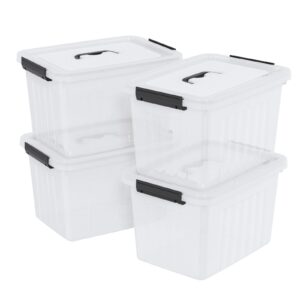 lasbily 4 packs 20 l clear plastic storage bins, stackable organizer containers with lids, latching box with handle