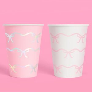 xo, Fetti Party Decorations Bow Paper Cups - 24 Disposable 14 oz Foil Cups | Pretty Bachelorette Decorations, Bow Theme Birthday Party, Bridal Engagement Drinkware, Coquette Cute Supplies