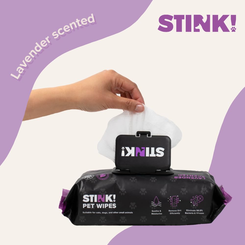 Stink! Plant Based Pet Wipes - Biodegradable - Dirt and Odor Control - Grooming Wipes for Easy Cleaning on Paws Body and Bum - Lavender Scented - 8" x 8" - 400 Count - Extra Thick Paw Wipes for Pets