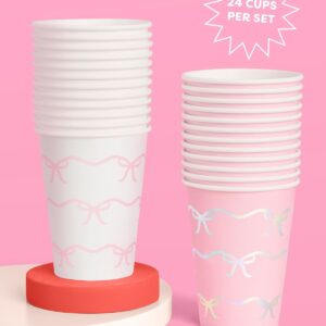 xo, Fetti Party Decorations Bow Paper Cups - 24 Disposable 14 oz Foil Cups | Pretty Bachelorette Decorations, Bow Theme Birthday Party, Bridal Engagement Drinkware, Coquette Cute Supplies