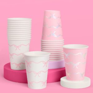 xo, Fetti Party Decorations Bow Paper Cups - 24 Disposable 14 oz Foil Cups | Pretty Bachelorette Decorations, Bow Theme Birthday Party, Bridal Engagement Drinkware, Coquette Cute Supplies