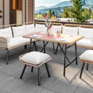 YITAHOME Outdoor Patio Wicker Conversation Furniture Set with Plastic Wood Dining Table, All-Weather Rattan Outdoor Sectional Sofa Set for Backyard Deck with Convient Ottomans, Light Brown+Beige