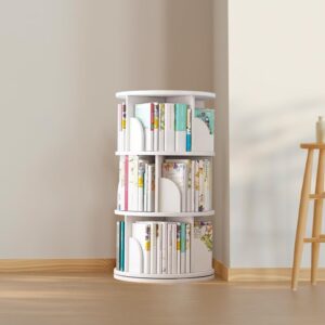 primenex rotating bookshelf tower 360° display bookcase, floor standing book shelf storage rack for kids&adult, solid wood small corner bookshelf organizer for bedroom, living room- white (3 tier)