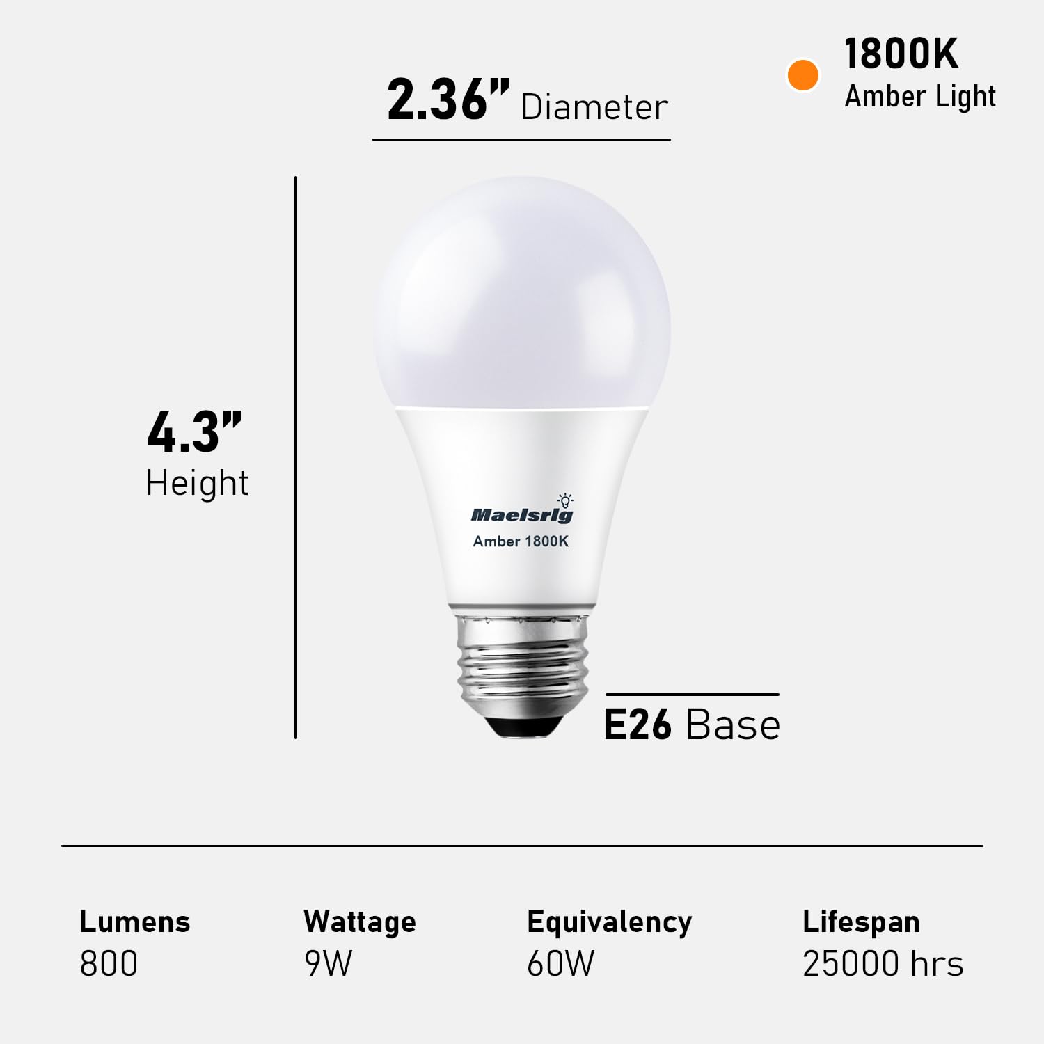 Maelsrlg Sleep Light Bulb, 60 Watt Equivalent, Dimmable, Blue Light Blocking LED Bulb, A19 E26 Base, 1800K Amber Light Bulbs, 9W 800 Lumen, Warm Light Bulbs, 4-Pack