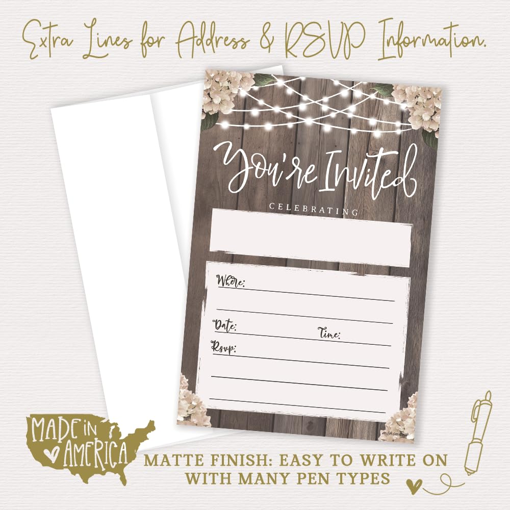 Bridal Shower Rustic Party Invitations - 20 Invites With Envelopes - Wood With String Lights Design - Wedding Reception, Engagement Party, Rehearsal Dinner Party, Milestone Birthday or Housewarming