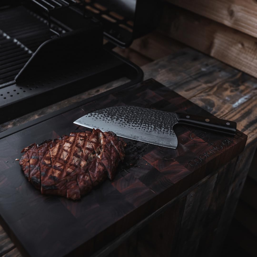 The Cooking Guild Serbian Cleaver Knife - Hand Forged Japanese Damascus Steel Butcher Cleaver for Meat and Vegetables - Rustic Knife with Sheath - Perfect for Outdoor and Kitchen