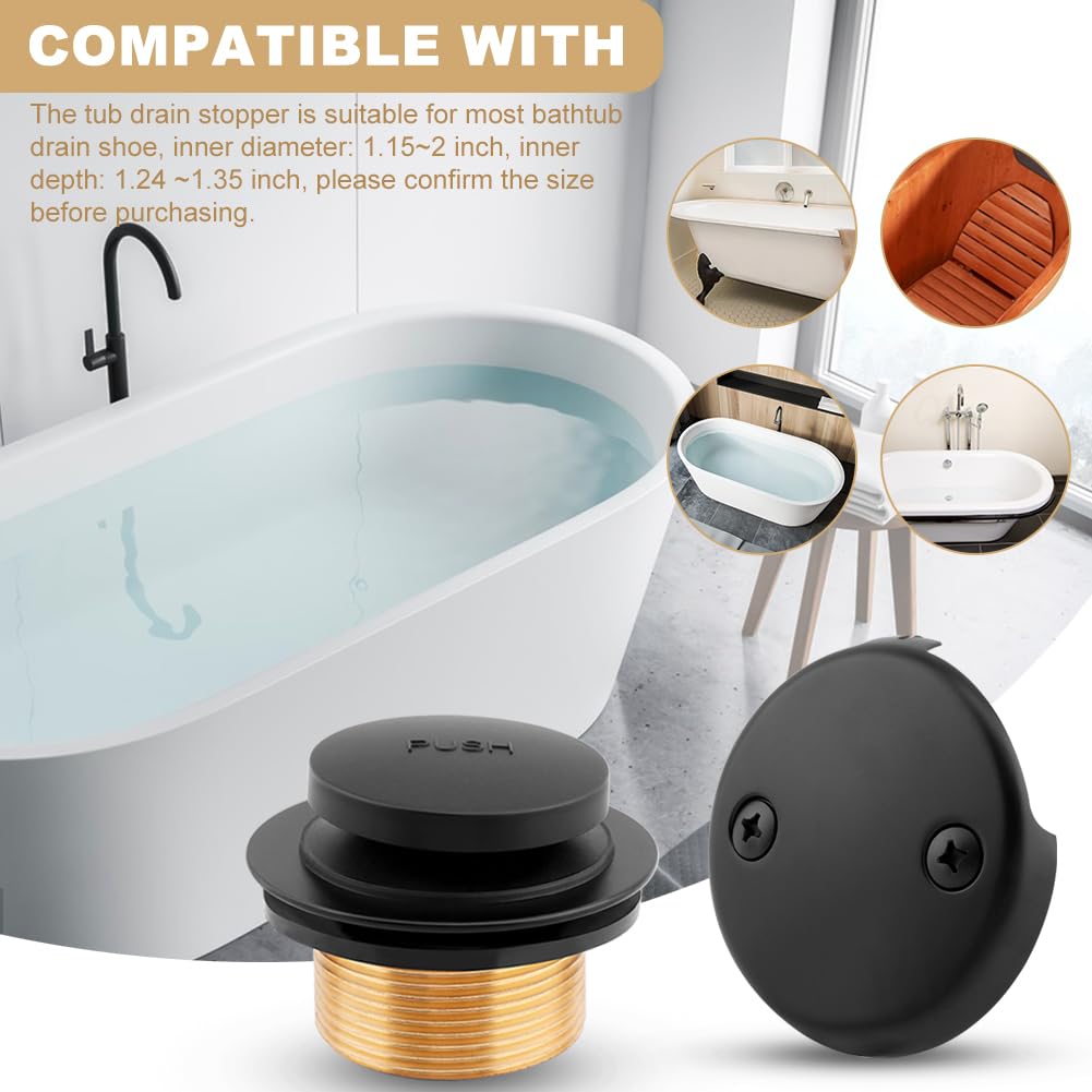 Matte Black Bathtub Drain Kit, Bathtub Drain Stopper Replacement with 2-Hole Overflow Faceplat, Including 1 Brass Threaded Adapter(Color:Black)