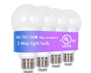 vvh ul listed 3 way led light bulbs 4 pack, 30 70 100 watt equivalent, soft white 3000k a19 light bulbs e26 base, indoor three way light bulbs for reading,table lamps,floor lamp