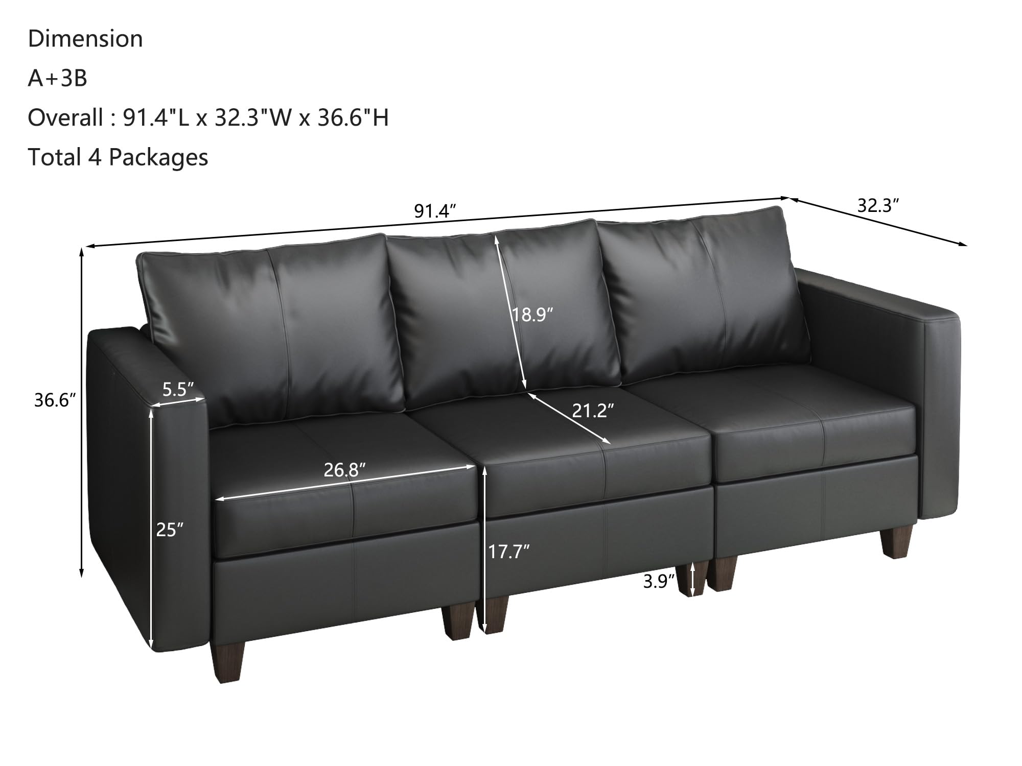 EASE MOOSE Convertible Modular Sofa Sectional Couch with Reversible Chaises,3 Seat Faux Leather Sectional Sofa Couch with Storage for Living Room Home Office